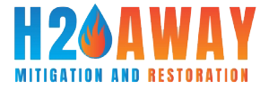 Logo of H2O Away, a company specializing in mitigation and restoration services, featuring the text "H2O AWAY" with a drop of water containing a flame icon between "H2O" and "AWAY", and the tagline "MITIGATION AND RESTORATION".