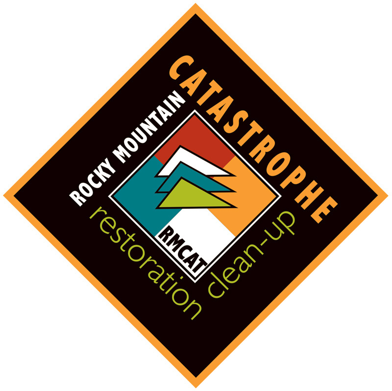 Logo for Rocky Mountain Catastrophe Restoration Clean-Up featuring geometric shapes in orange, white, green, and red on a diamond-shaped black background with an orange border.