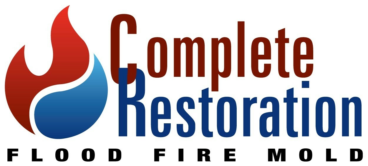 Logo for Complete Restoration featuring a flame and water droplet design, with the text "Flood Fire Mold" below.