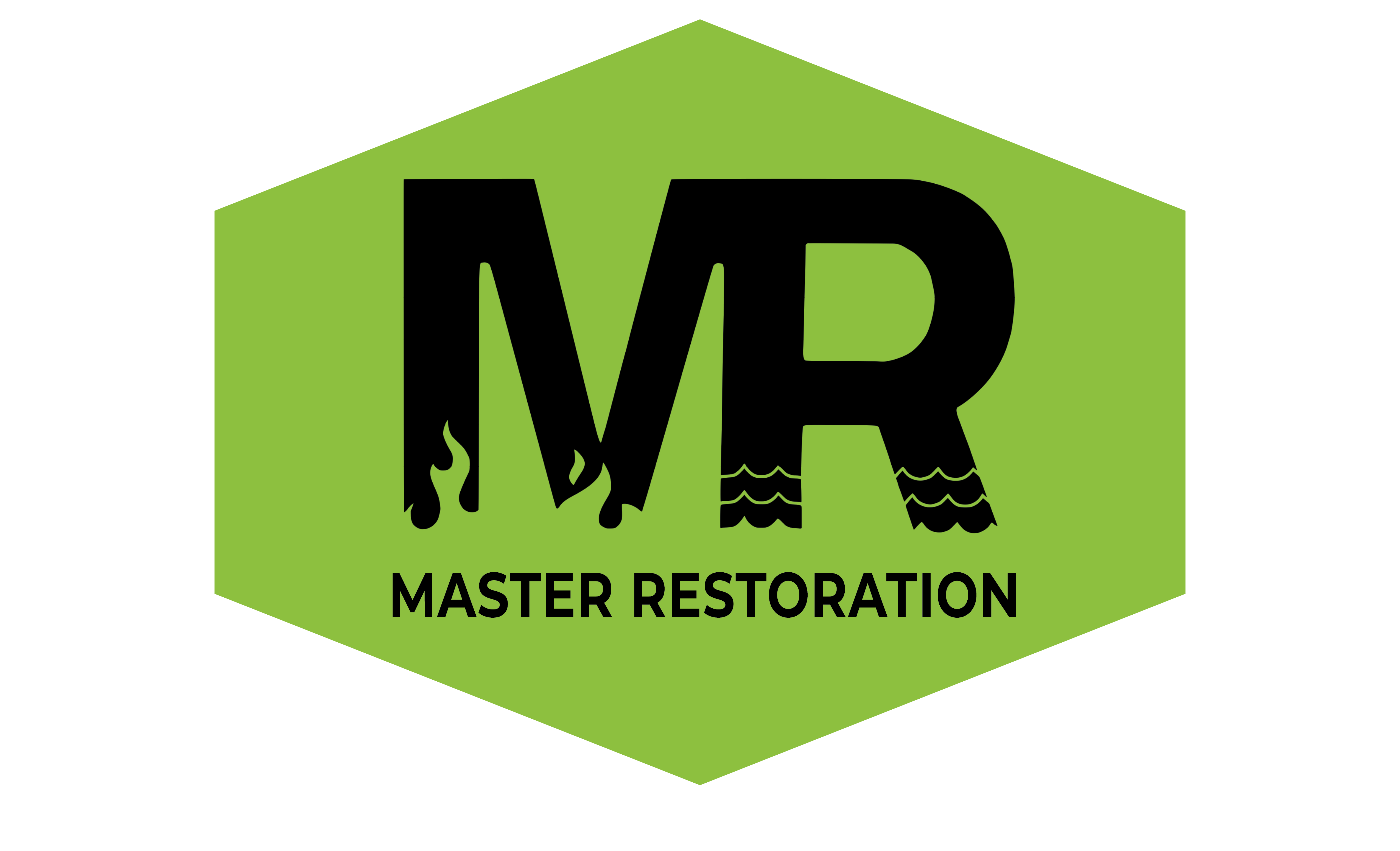 Green hexagonal logo with "MR" featuring flame and wave motifs, above the text "Master Restoration.